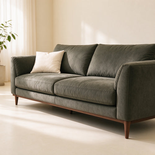 Ember sofa in deep olive grey, three-quarter view