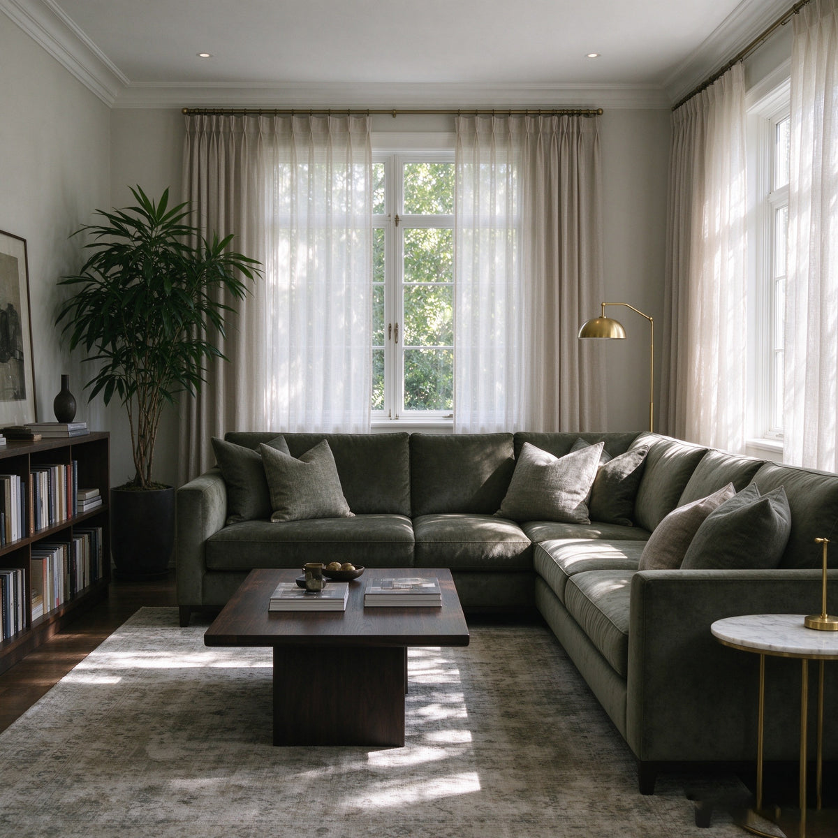 Ember sofa in a bay-window room with sheer curtains