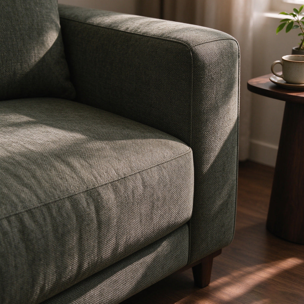 Close-up of the woven arm and cushion on the Ember sofa