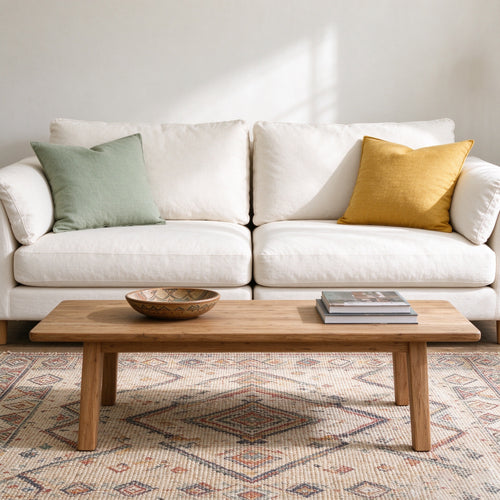 Field sofa in off-white with sage and mustard cushions