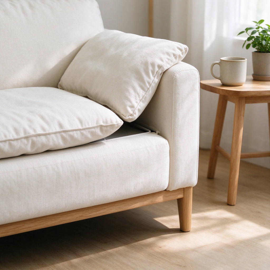 Close-up of the loose back cushion and timber leg on the Field sofa