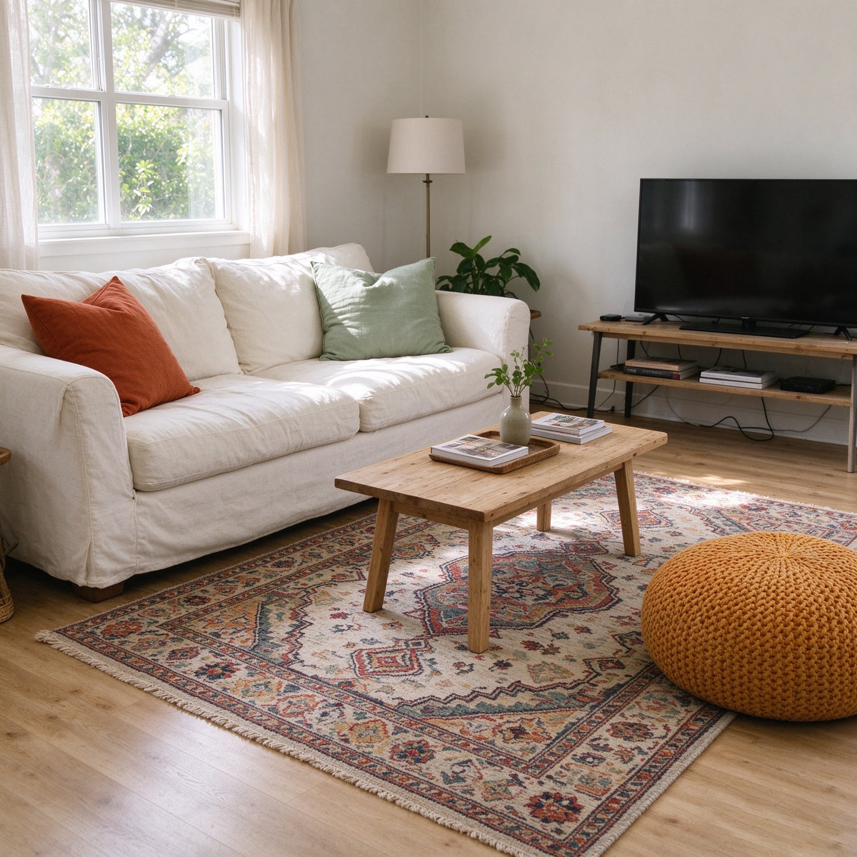Field sofa in a family room with a patterned rug and television