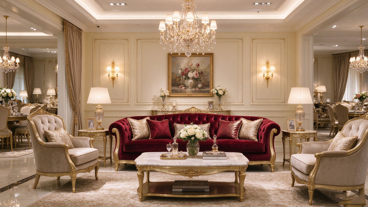 Luxury living room with a burgundy velvet sofa