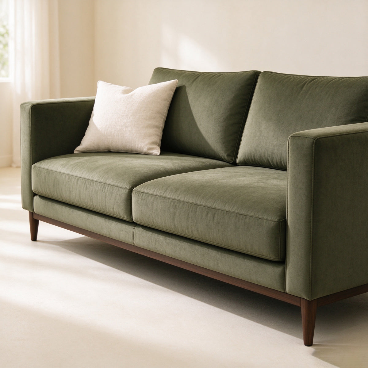 Mercer sofa in olive green, three-quarter studio view