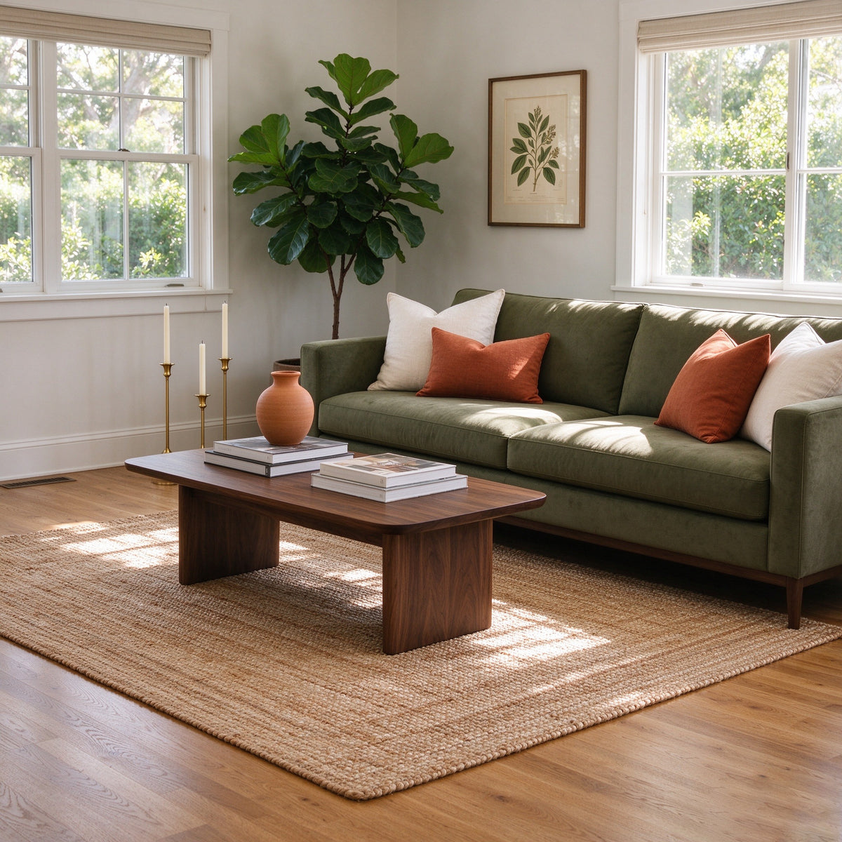 Mercer sofa in a sunlit room with a jute rug and rust cushions