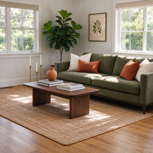 Mercer sofa in a sunlit room with a jute rug and rust cushions
