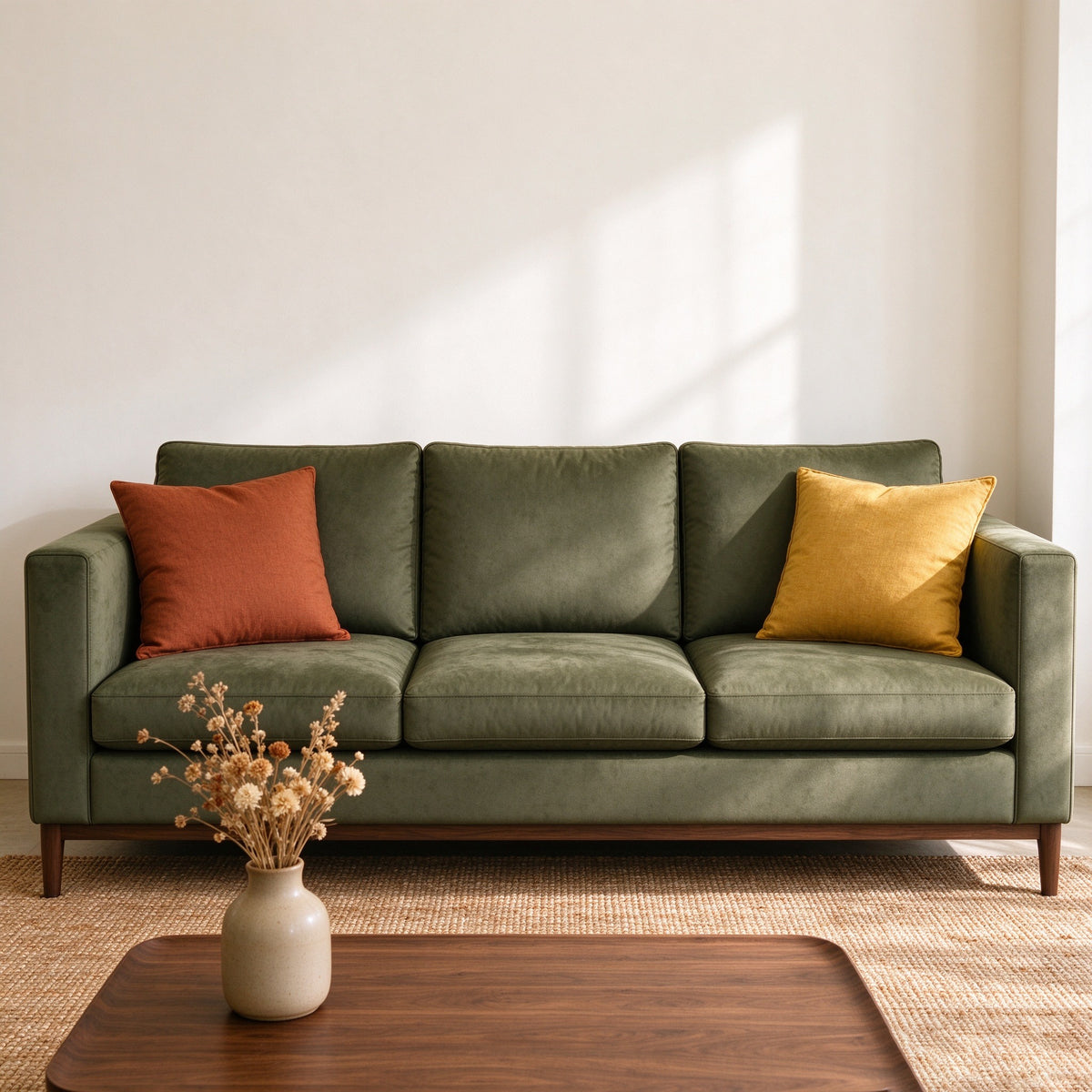 Mercer sofa straight-on with rust and mustard cushions
