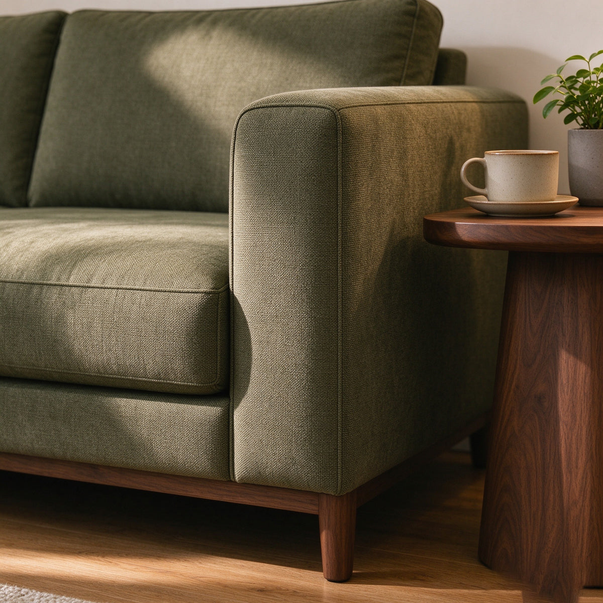 Close-up of the olive upholstery and arm on the Mercer sofa