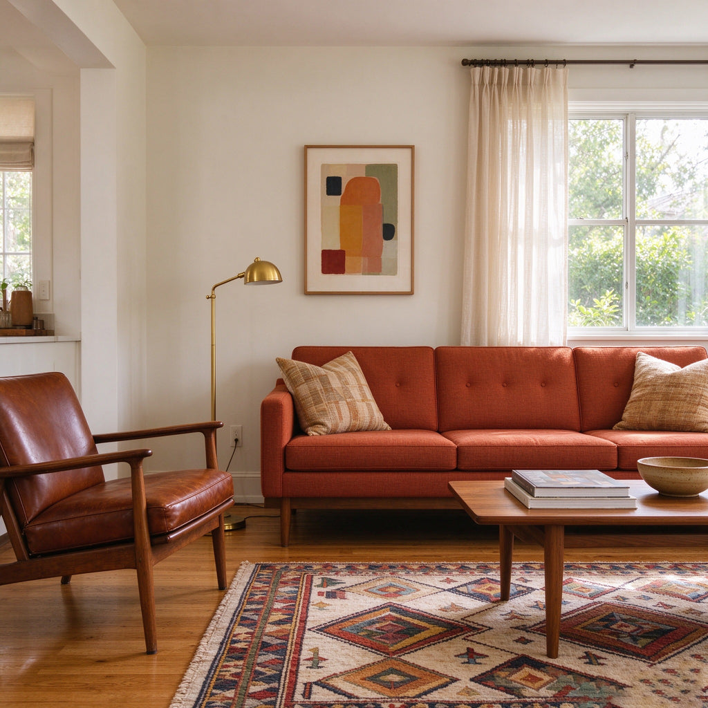 Nomad sofa in a living room with a geometric rug and leather armchair