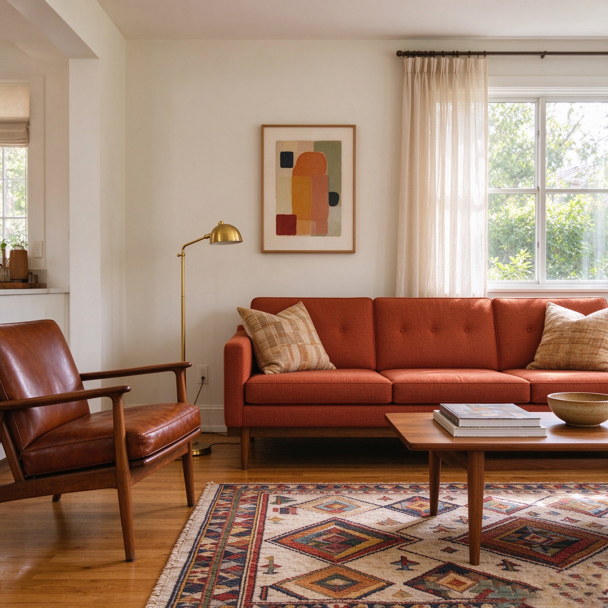 Nomad sofa in a living room with a geometric rug and leather armchair