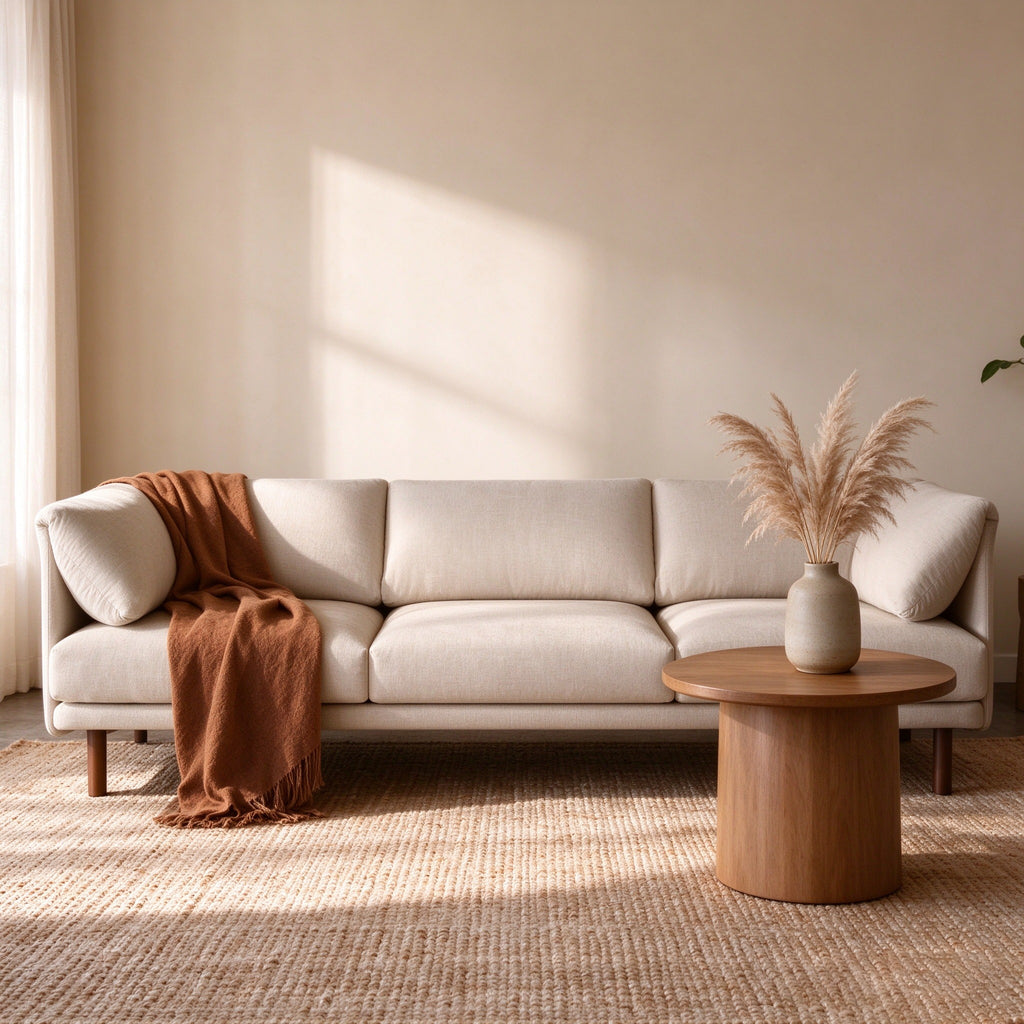 Range sofa with a rust throw and pampas grass beside it