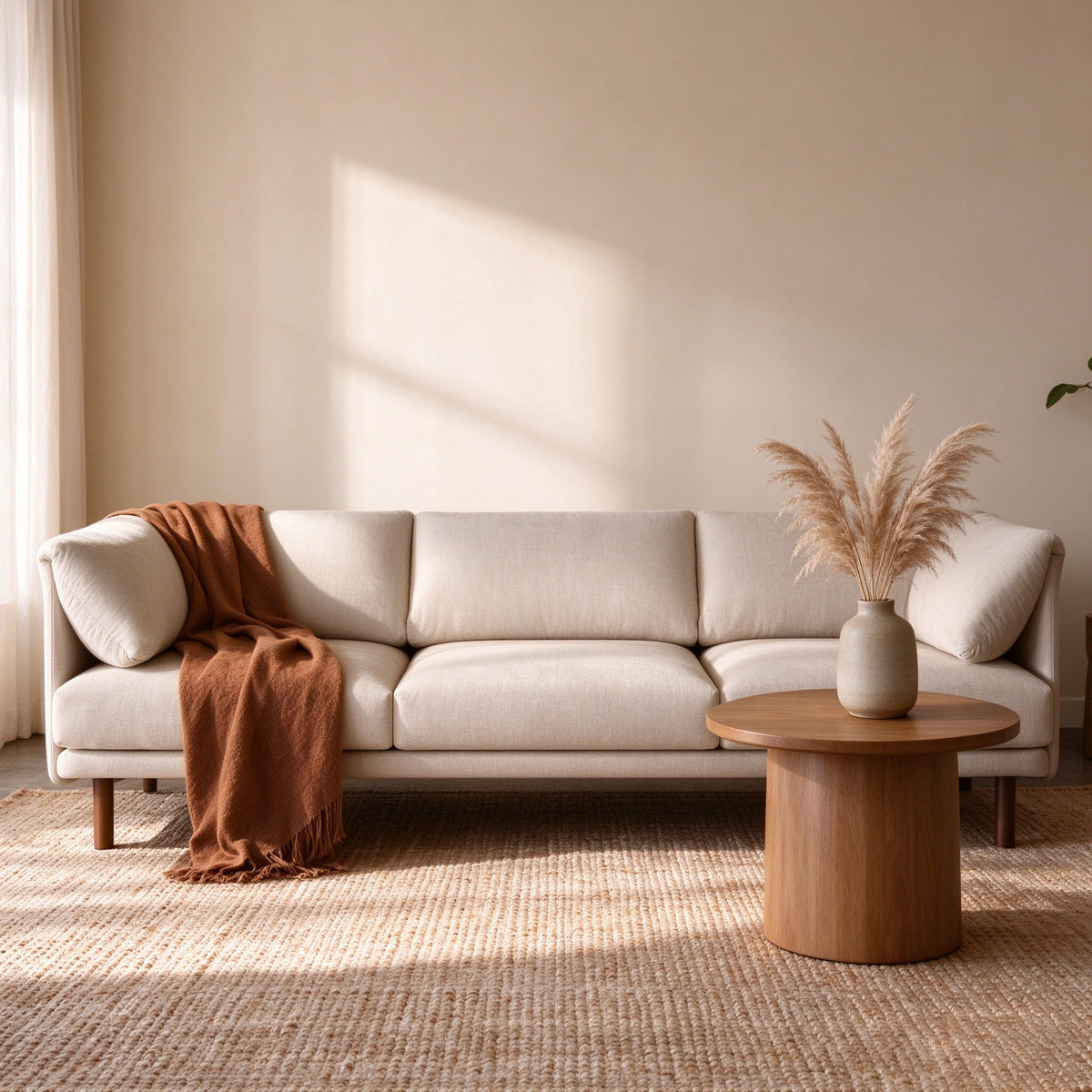 Range sofa with a rust throw and pampas grass beside it
