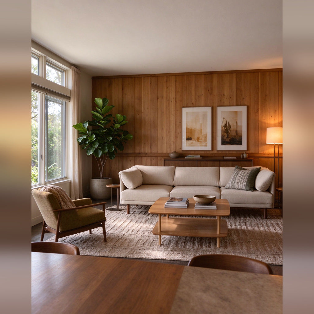 Range sofa in a wood-panelled living room