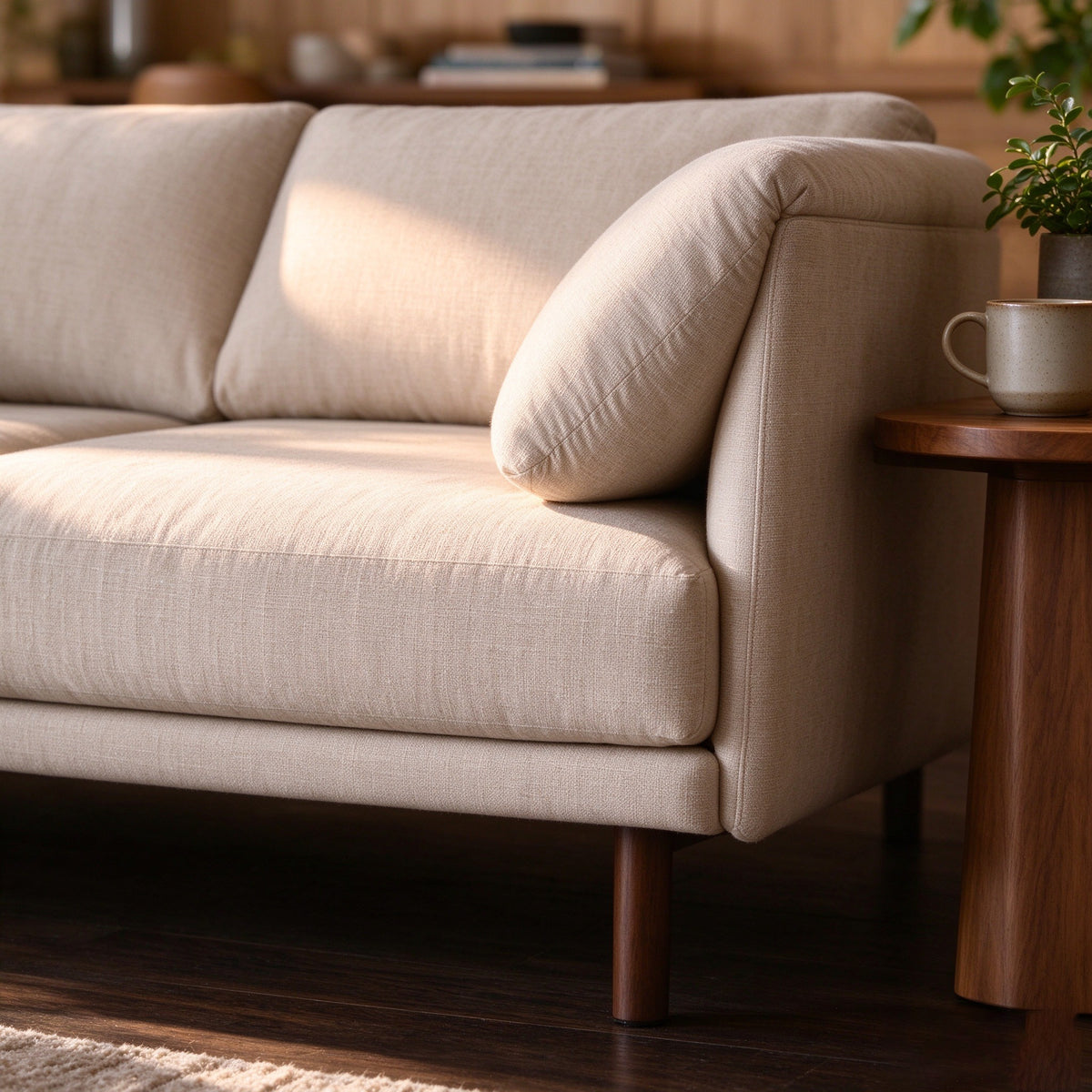 Close-up of the rounded arm and cushion on the Range sofa