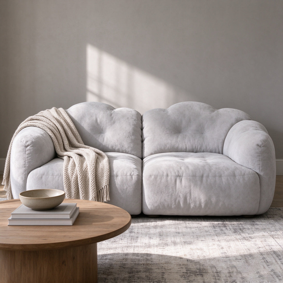 Russet modular sofa in light grey with a knit throw, studio view