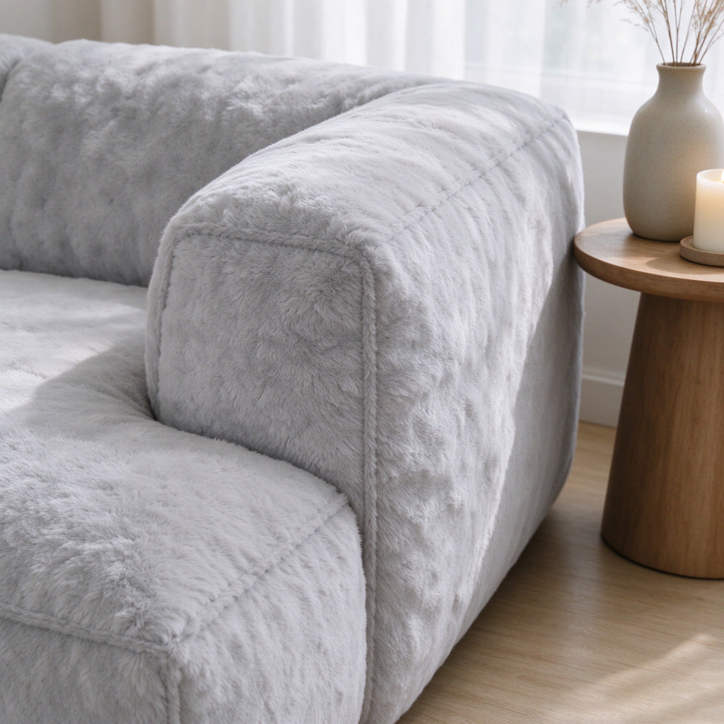 Close-up of the plush arm and cushion on the Russet sofa
