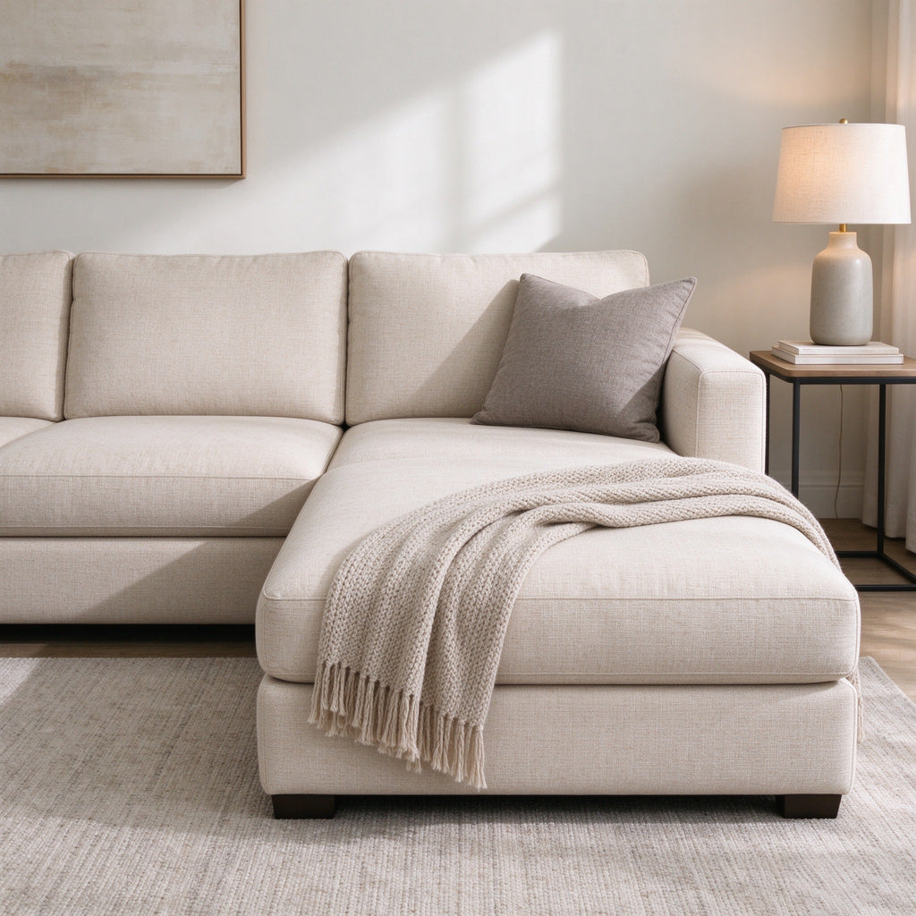 Span L-shaped sofa in beige oatmeal with a knit throw