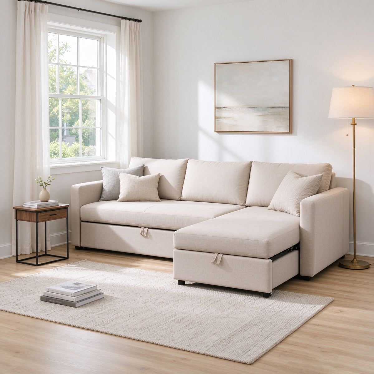 Span sofa with the queen pull-out bed open