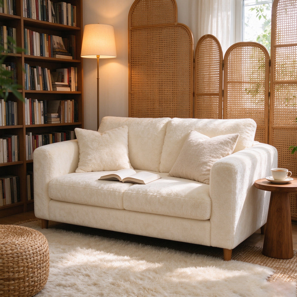 Union sofa in a reading corner with bookshelves and a rattan screen
