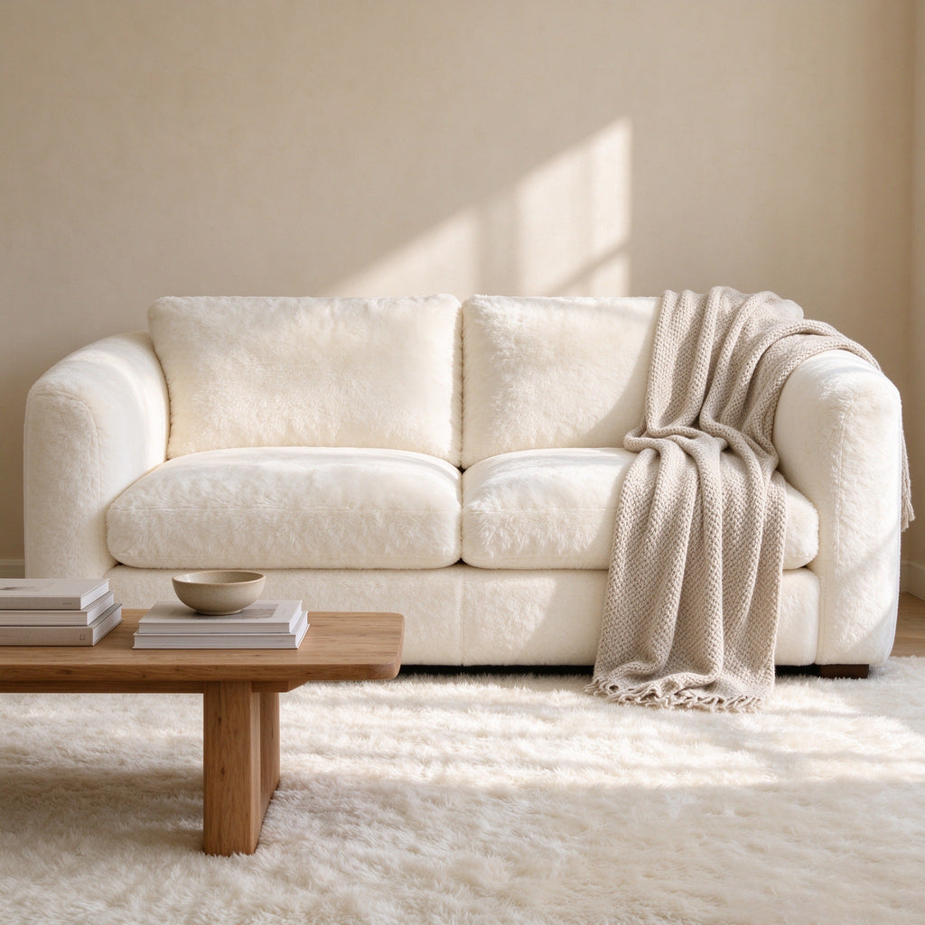 Union sofa straight-on with a woven throw over the arm