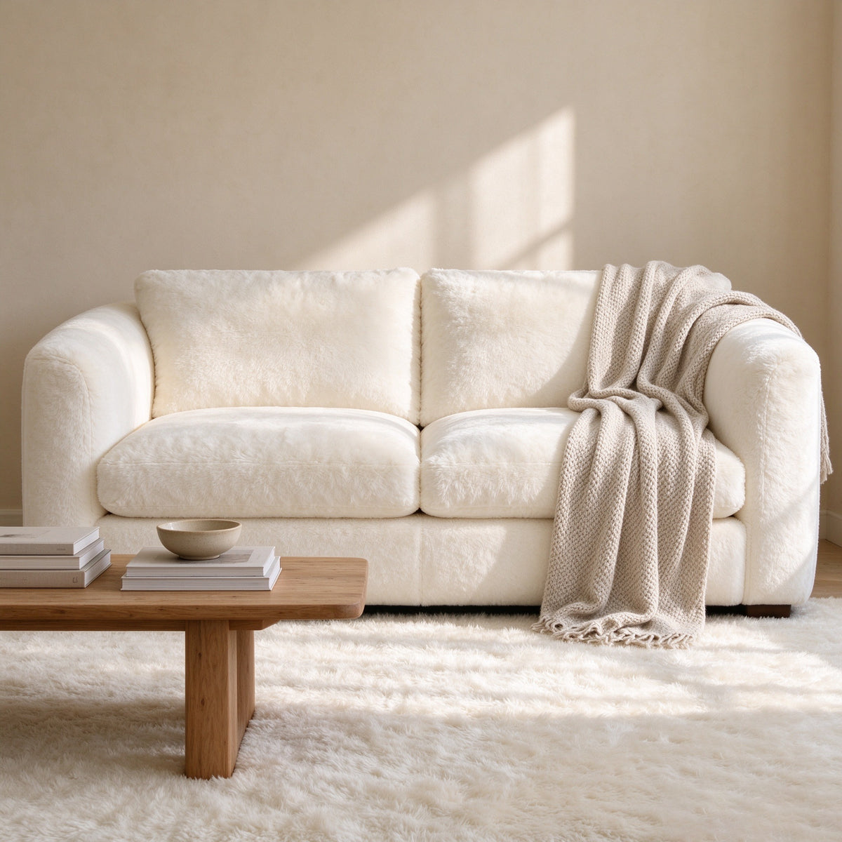 Union sofa straight-on with a woven throw over the arm